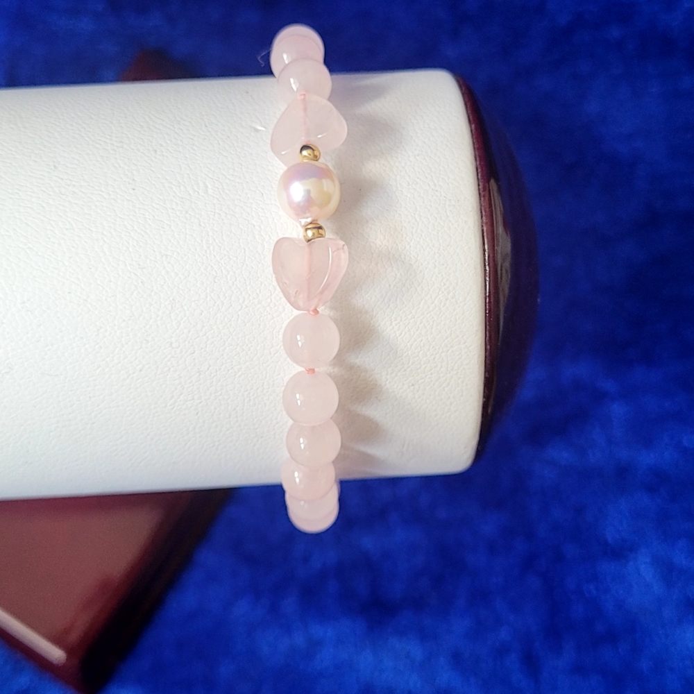Vintage 14k Rose Quartz And Pearl Bracelet 6.5"